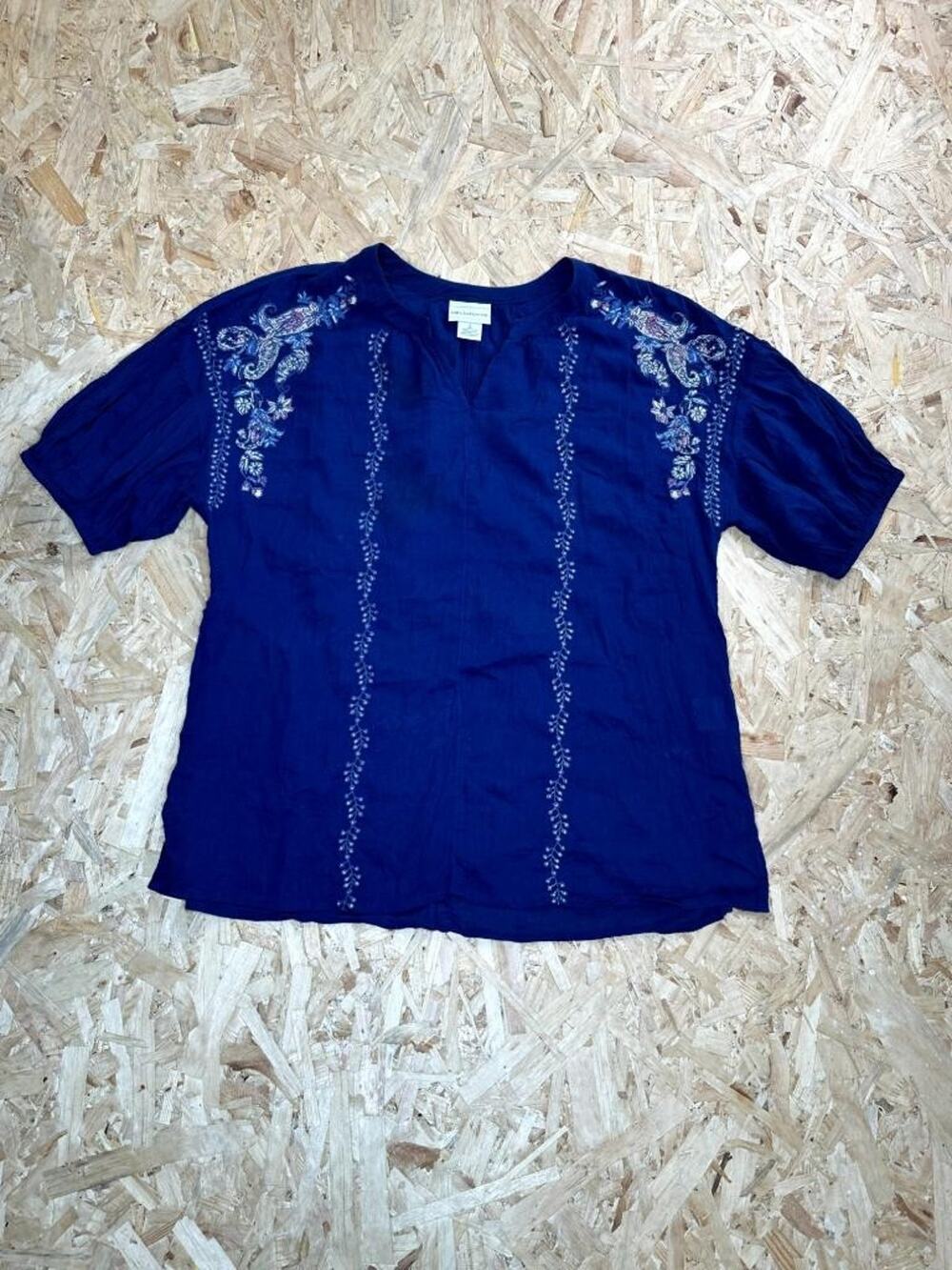 Liz Claiborne Blue Cotton Embroidered Blouse Womens Small Short Sleeve Boho Top